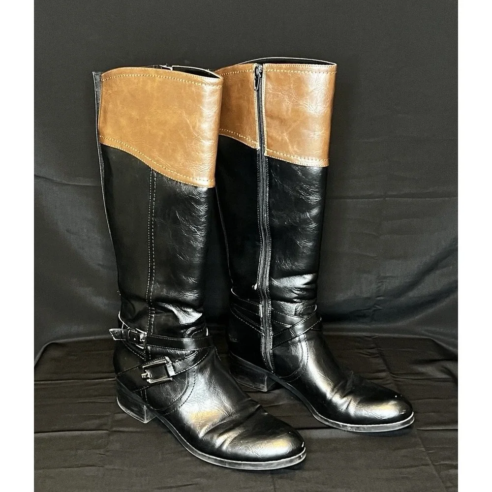 Unisa Untrinee Knee High Boots Size 9.5M Black Brown‎ Faux Leather Riding Boots